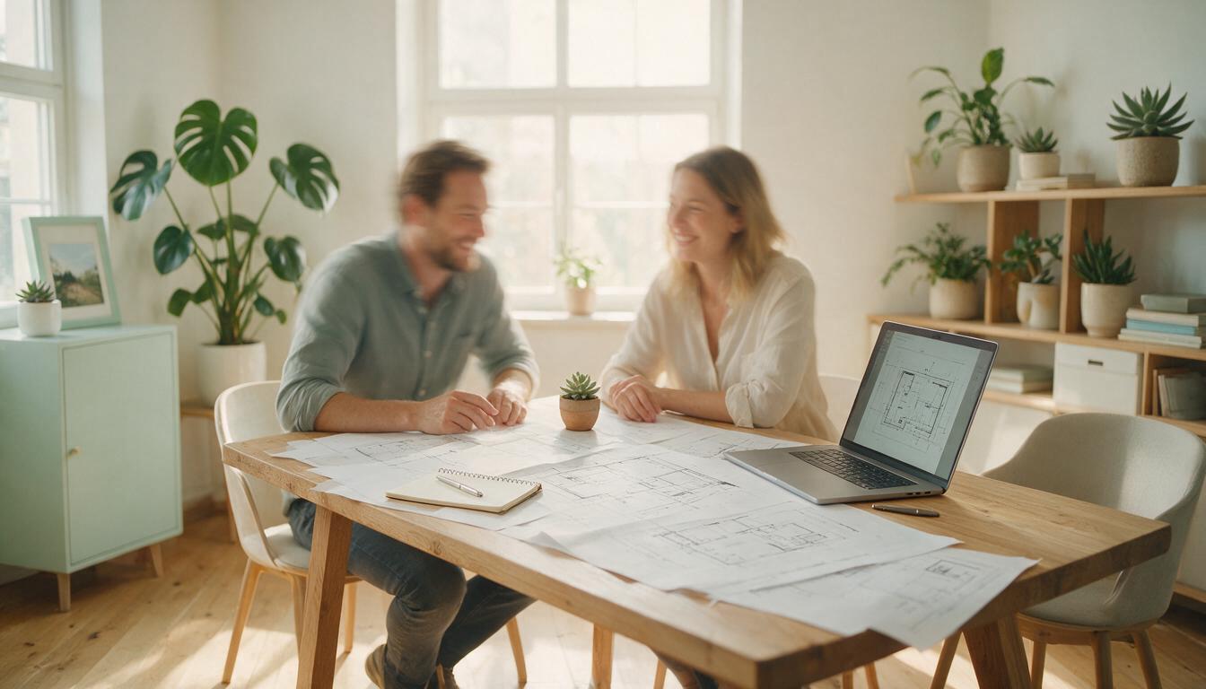 Zwei Unternehmer besprechen entspannt Pläne am hellen Schreibtisch, während agentOS im Hintergrund die Routine übernimmt