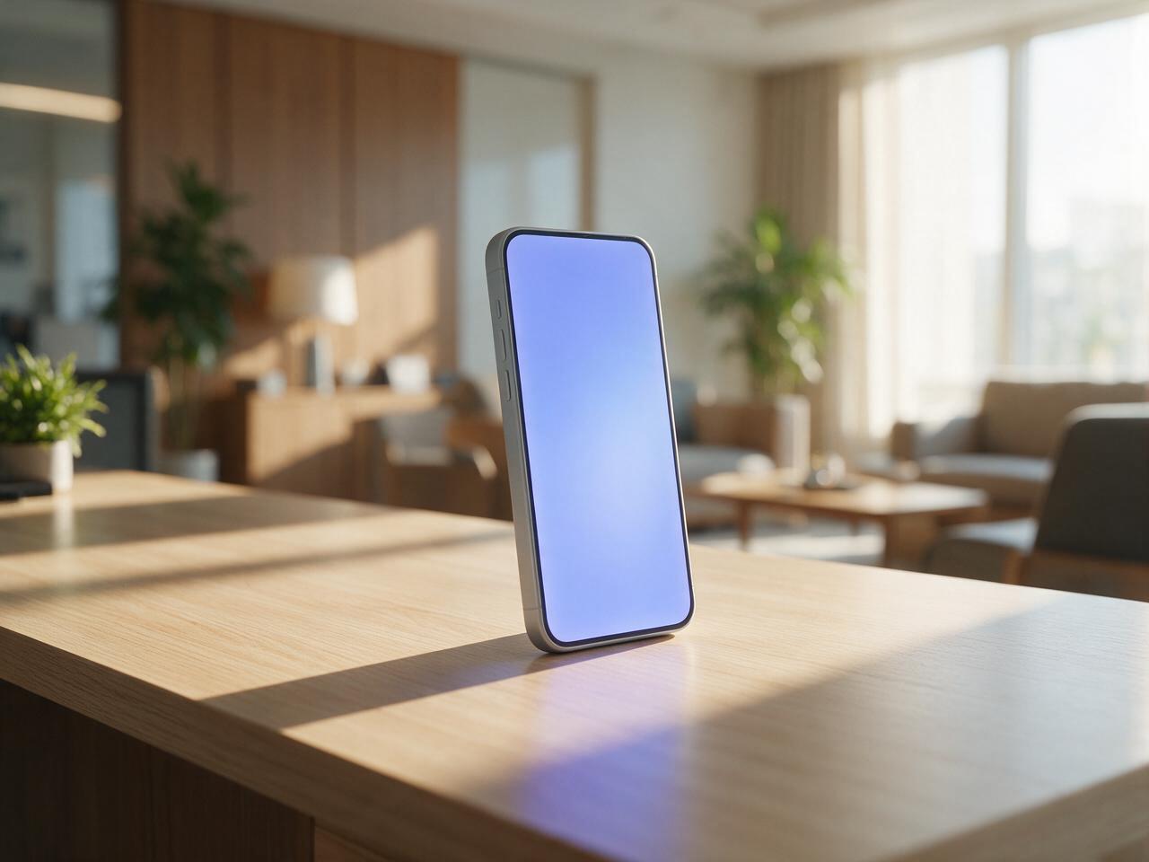 Smartphone auf einem hellen Empfangstresen — gleich ruft Theo, der Telefon-Agent von agentOS, an